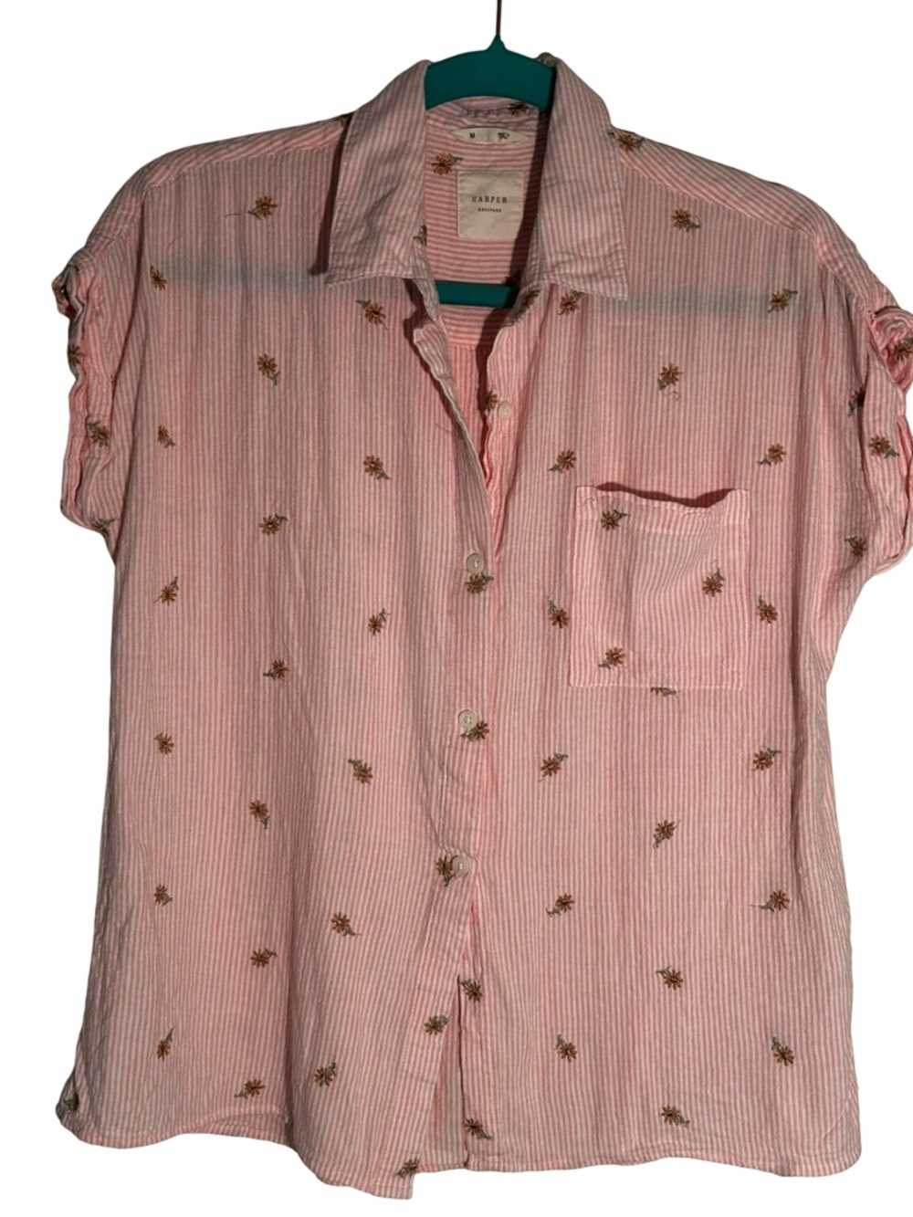 Striped Pink Short-Sleeve Button Up Shirt with daisy Embroidery
